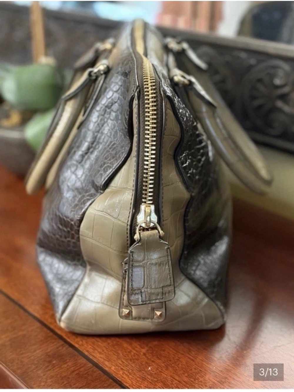 Henri Bendel Croc-Embossed Leather Satchel Olive/Black - Picture 3 of 15